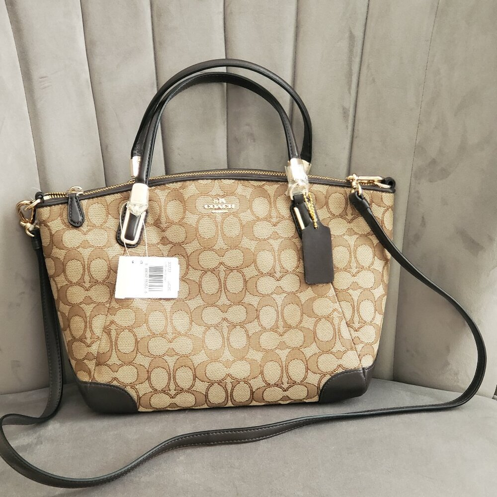 NWT! ~ COACH Kelsey in Signature Jacquard-Khaki/Brown/Gold/Leather w/DustBag